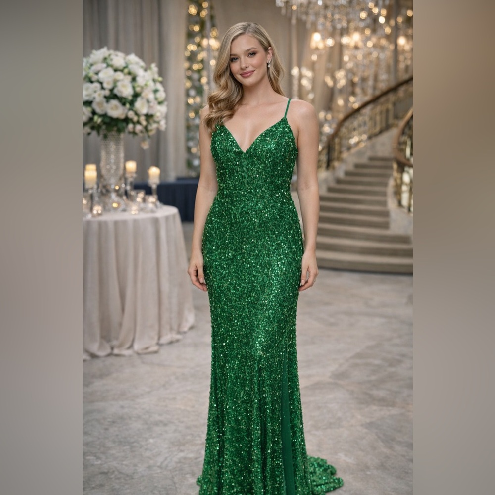 NWT Size 2 green sequined formal dress with corset back